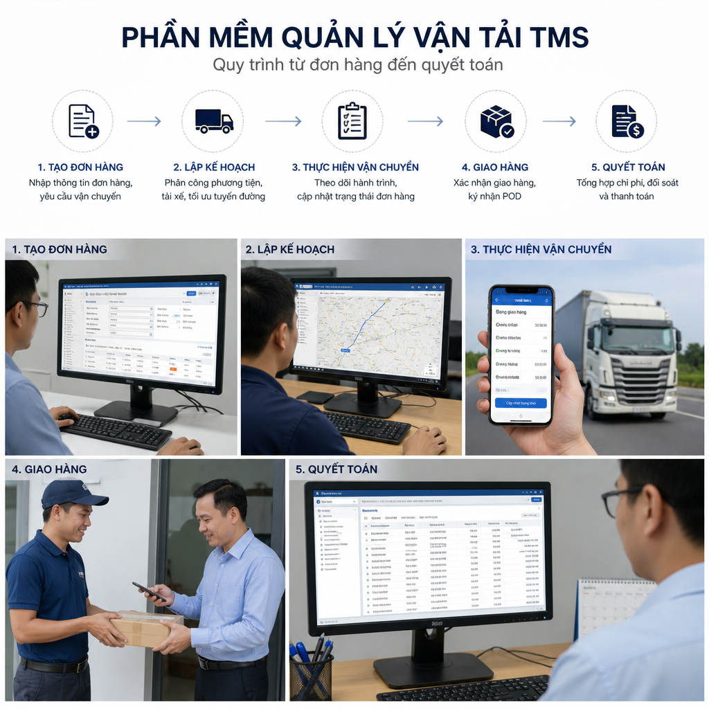 Phần Mềm Quản Lý Vận Tải TMS Hoạt Động Như Thế Nào? Quy Trình Từ Đơn Hàng Đến Quyết Toán